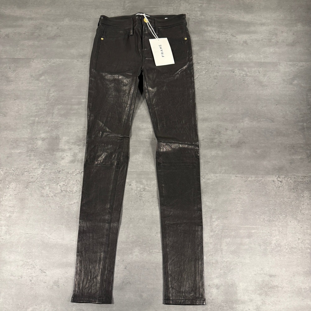 Frame Lambskin Leather Pants Womens 23 Le Skinny De Jeanne Washed Black $950